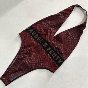 Savage x Fenty New Baby Leopard Plunge Halter Bodysuit High Cut Bottoms Wine EUC